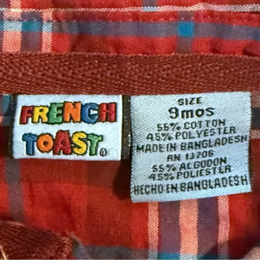 French Toast Red Blue Plaid Button Front Baby Romper 9M